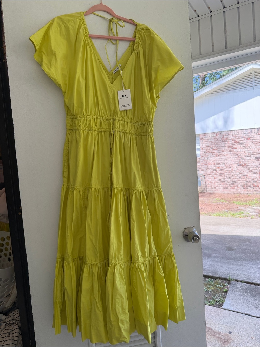 Women's Yellow Tiered V-Neck Maxi Dress with Tie Back
